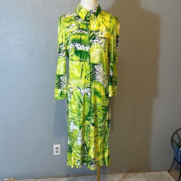 Escada tropical Vibrant Green Patterned long sleeve midi dress size 40 Medium - Picture 1 of 10
